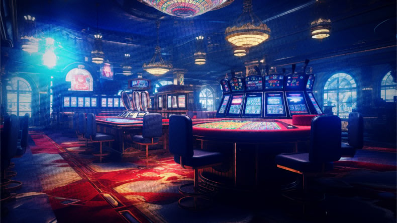 Vue intérieure d'un casino luxueux avec des machines à sous