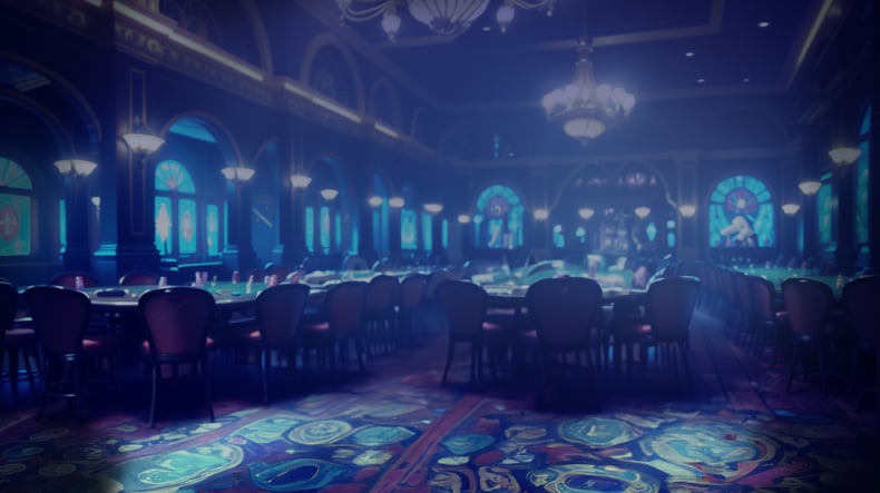 Ambiance d'une salle de casino vide et luxueuse, teintée de bleu