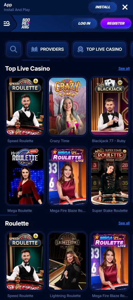 Casino en direct sur Boomerang Bet mobile